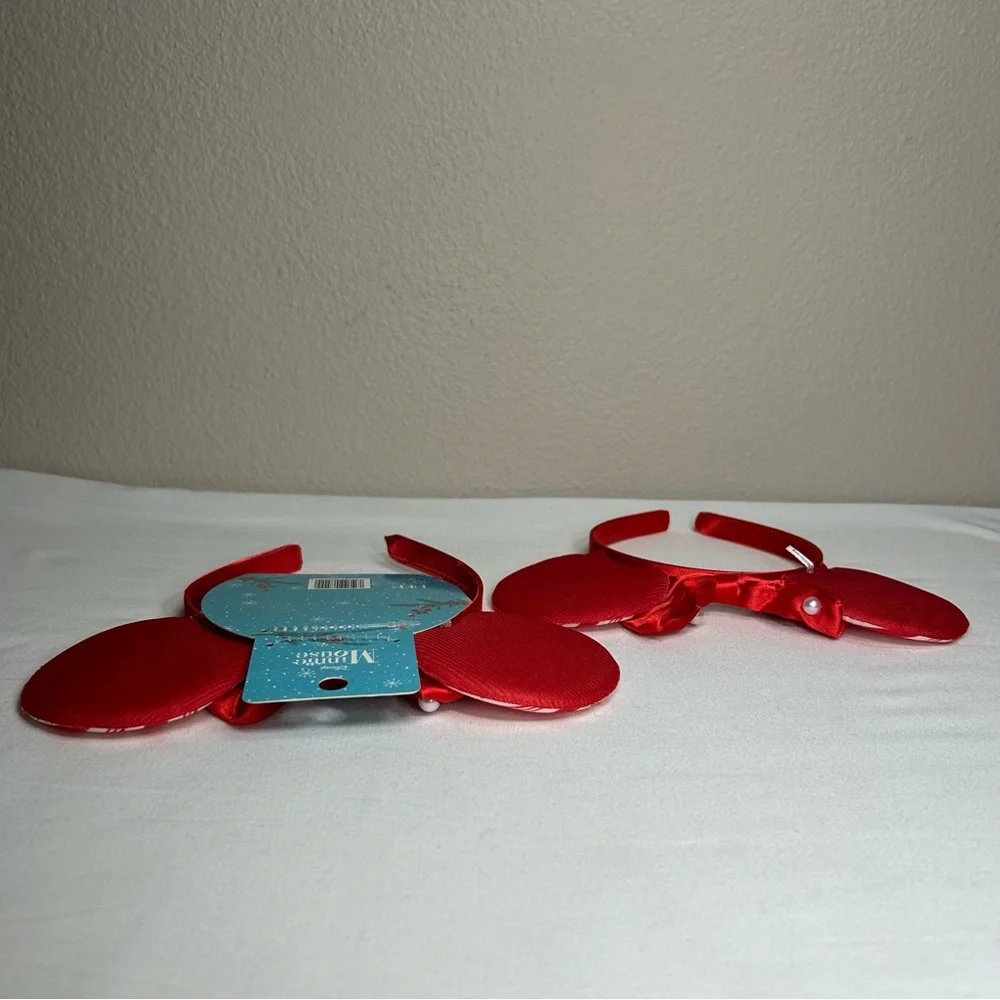 2 Disney Minnie Mouse Holidays Valentines headbands Red White Stripes Bow Pearls
